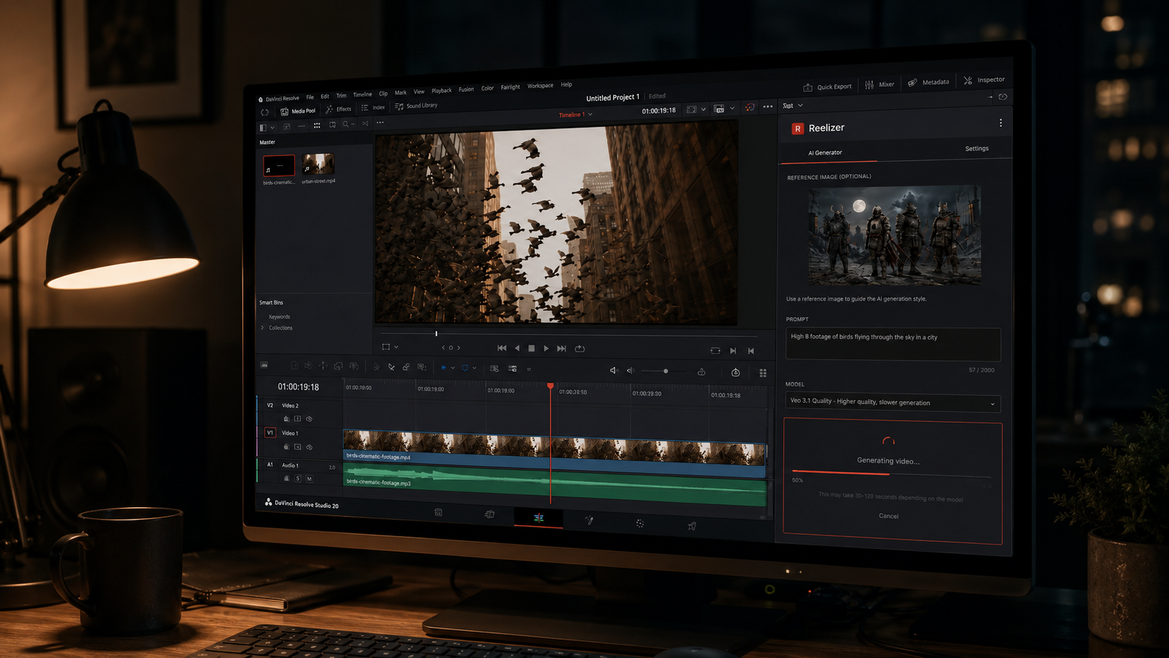 Dark home editing studio at night. DaVinci Resolve Studio open on a large monitor with the Reelizer panel docked on the right, a clip generating. Warm desk lamp, keyboard, and a coffee mug in the foreground.